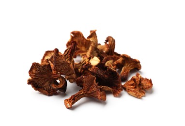 Photo of Many dried chanterelle mushrooms isolated on white