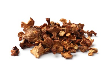 Photo of Many dried chanterelle mushrooms isolated on white
