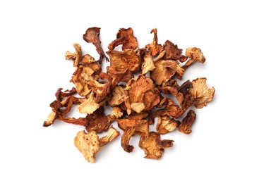 Photo of Many dried chanterelle mushrooms isolated on white, top view