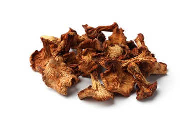 Photo of Many dried chanterelle mushrooms isolated on white