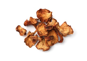 Photo of Many dried chanterelle mushrooms isolated on white, top view