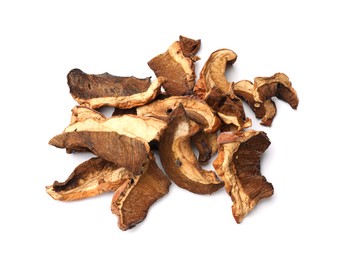 Photo of Pieces of dried mushrooms isolated on white, top view