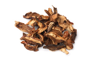 Photo of Pieces of dried mushrooms isolated on white, top view