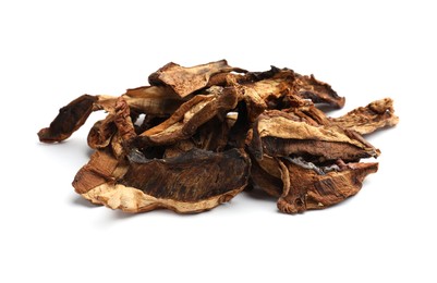 Photo of Pieces of dried mushrooms isolated on white
