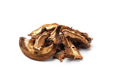 Photo of Pieces of dried mushrooms isolated on white