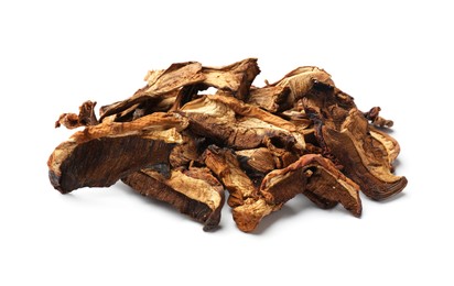 Photo of Pieces of dried mushrooms isolated on white