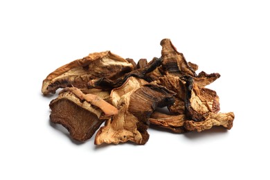 Photo of Pieces of dried mushrooms isolated on white