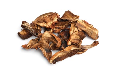 Photo of Pieces of dried mushrooms isolated on white, top view