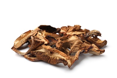 Photo of Pieces of dried mushrooms isolated on white