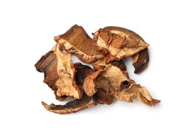 Photo of Pieces of dried mushrooms isolated on white, top view