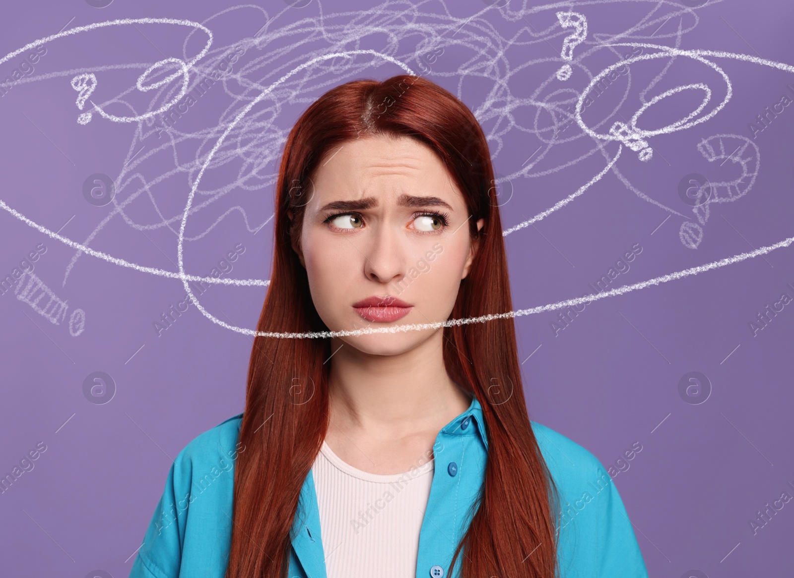 Worried woman on purple background. Confused thoughts as doodles around her head. Stress, anxiety, depression Image of Worried woman on purple background. Confused thoughts as doodles around her head. Stress, anxiety, depression