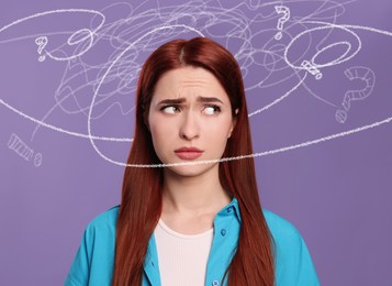 Image of Worried woman on purple background. Confused thoughts as doodles around her head. Stress, anxiety, depression