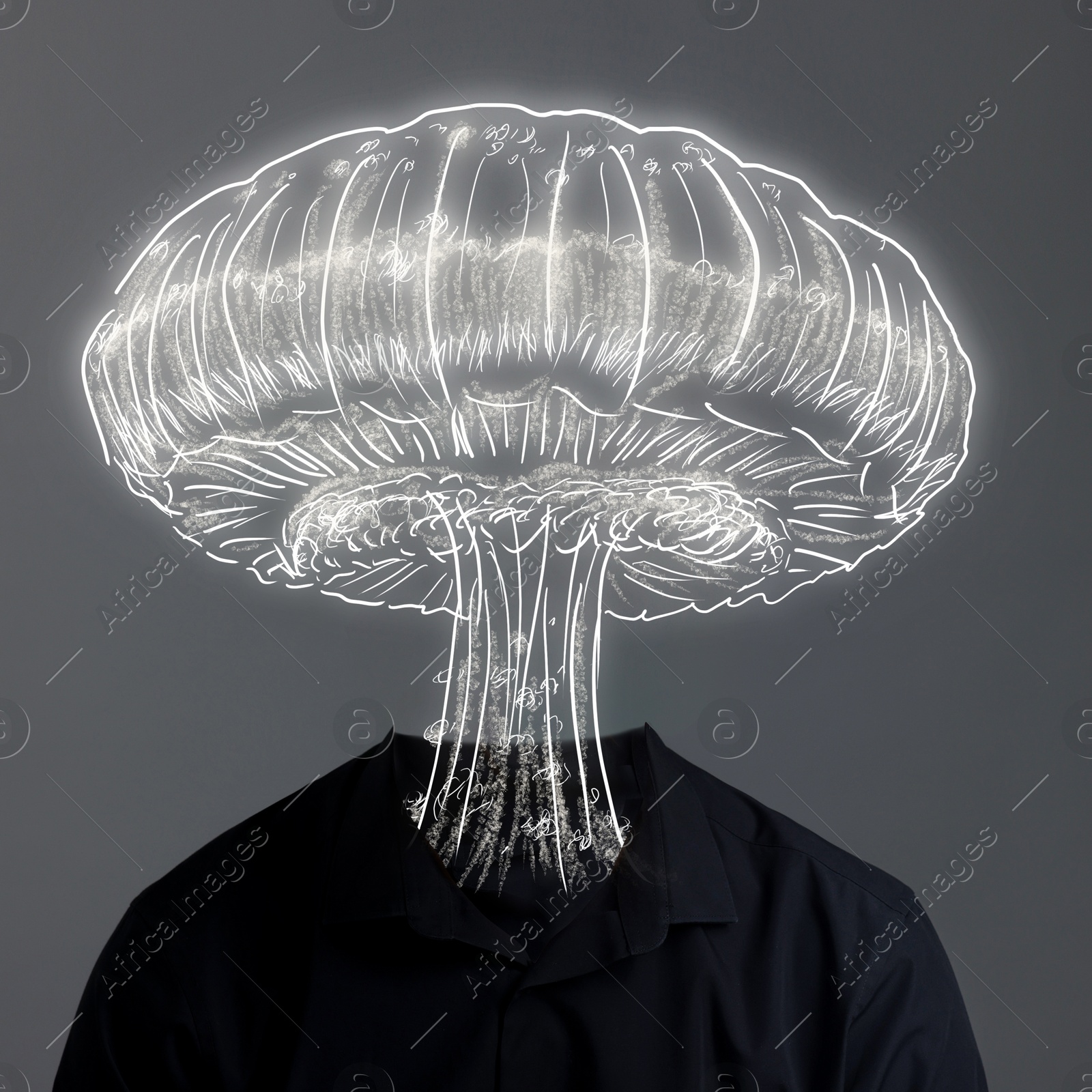 Illustration of Confused thoughts. Man with explosion instead of his head on grey background. Stress, anxiety, depression