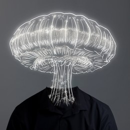 Illustration of Confused thoughts. Man with explosion instead of his head on grey background. Stress, anxiety, depression
