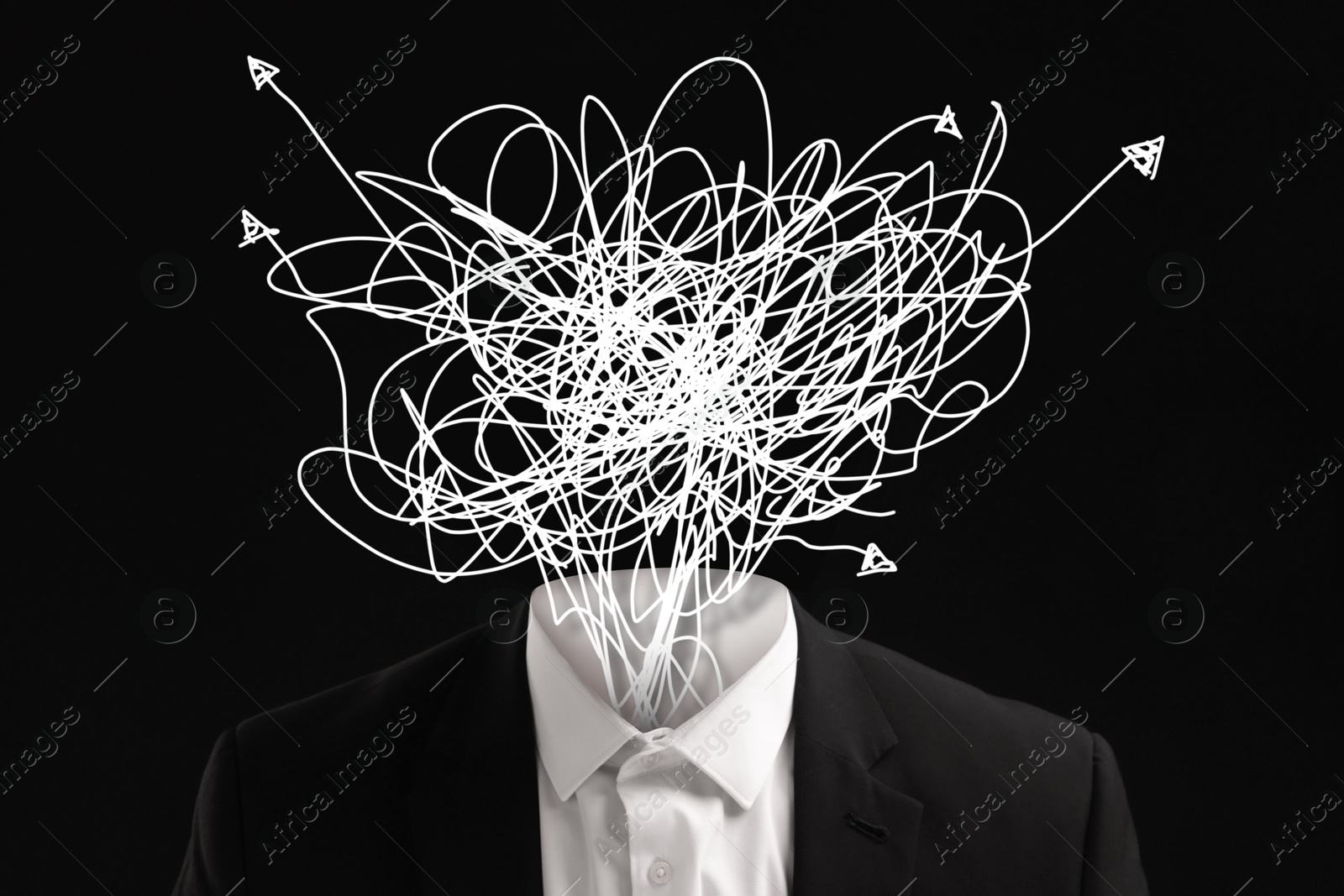Confused thoughts. Man with doodles instead of his head on black background. Stress, anxiety, depression Image of Confused thoughts. Man with doodles instead of his head on black background. Stress, anxiety, depression