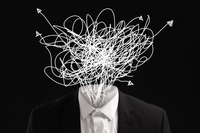 Image of Confused thoughts. Man with doodles instead of his head on black background. Stress, anxiety, depression