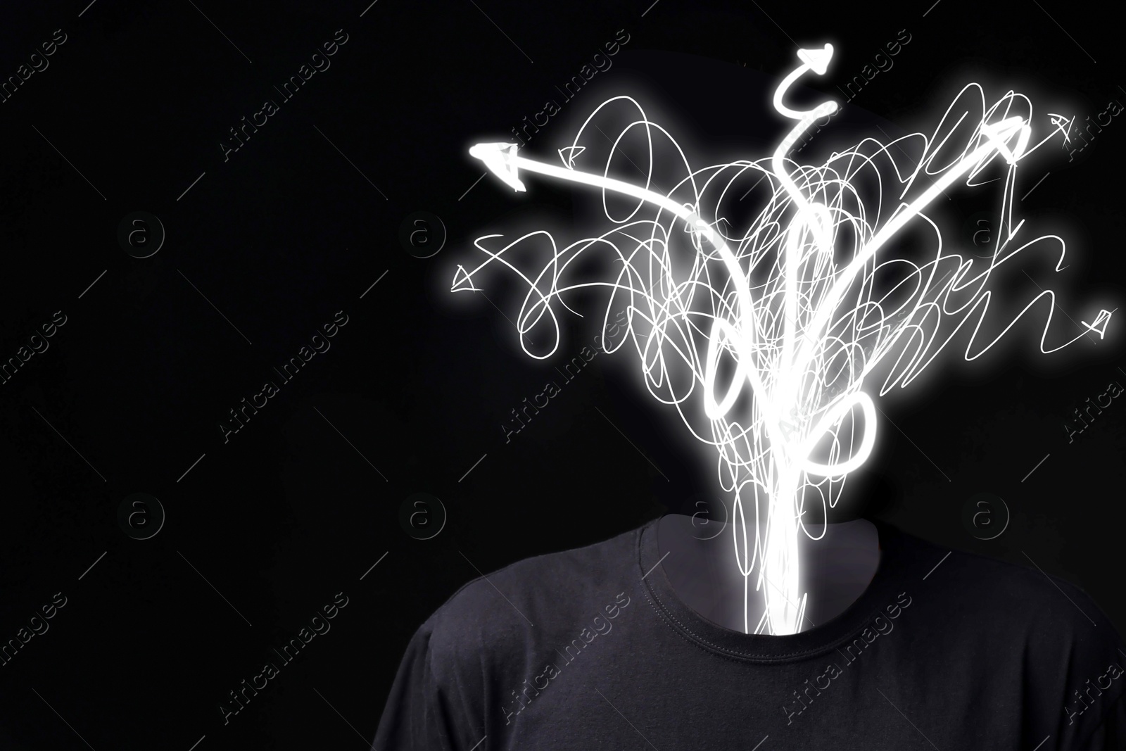 Confused thoughts. Man with doodles instead of his head on black background. Stress, anxiety, depression Image of Confused thoughts. Man with doodles instead of his head on black background. Stress, anxiety, depression