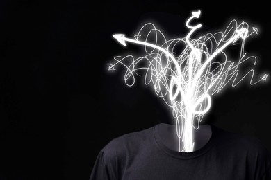Image of Confused thoughts. Man with doodles instead of his head on black background. Stress, anxiety, depression