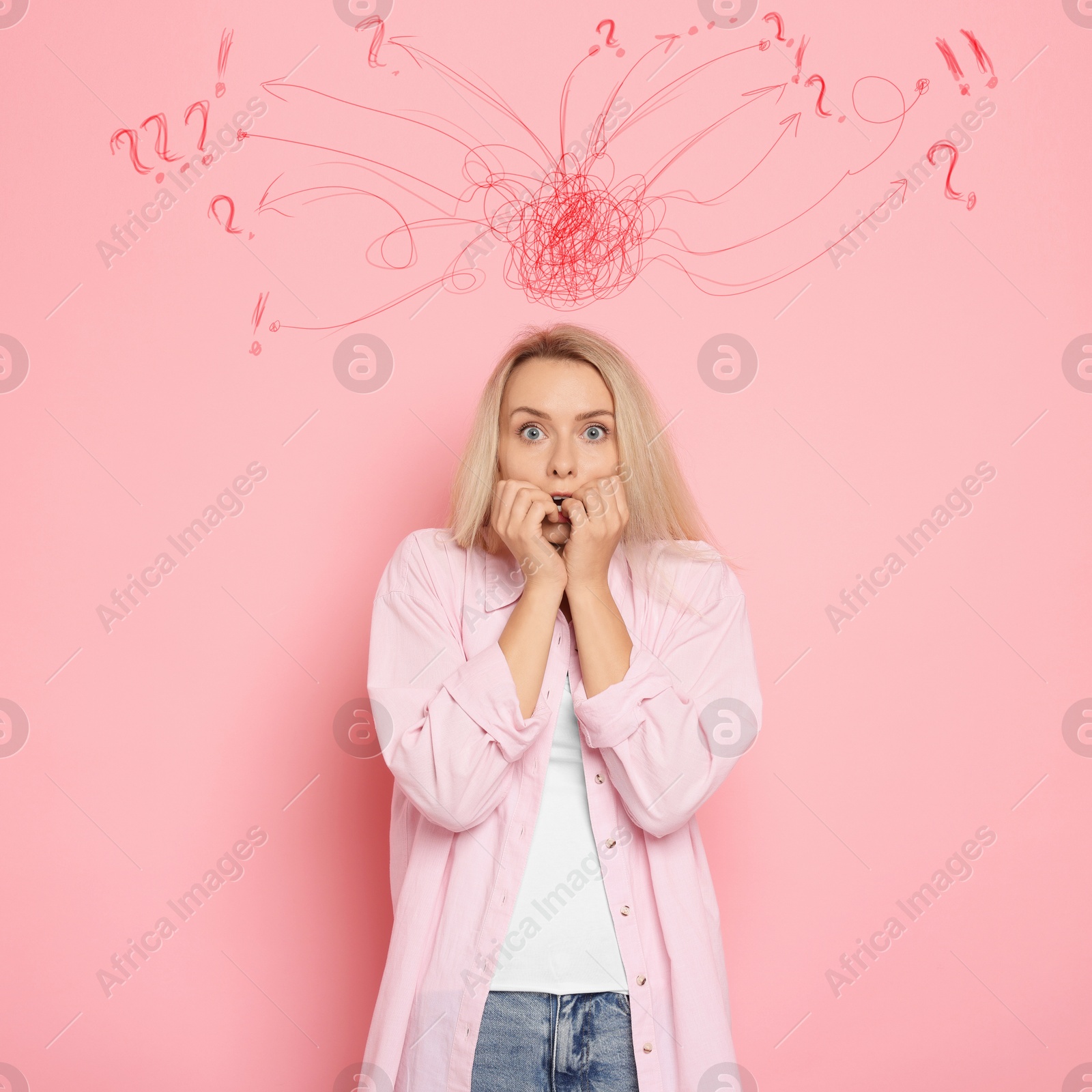 Worried woman on pink background. Confused thoughts as doodles above her head. Stress, anxiety, depression Image of Worried woman on pink background. Confused thoughts as doodles above her head. Stress, anxiety, depression