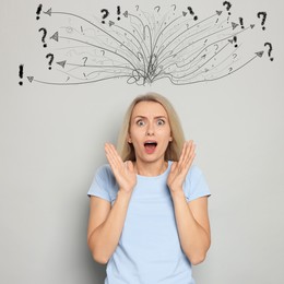 Image of Shocked woman on light grey background. Confused thoughts as doodles above her head. Stress, anxiety, depression
