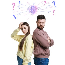 Image of Worried man and woman on white background. Confused thoughts as doodles above their heads. Misunderstanding, stress, anxiety