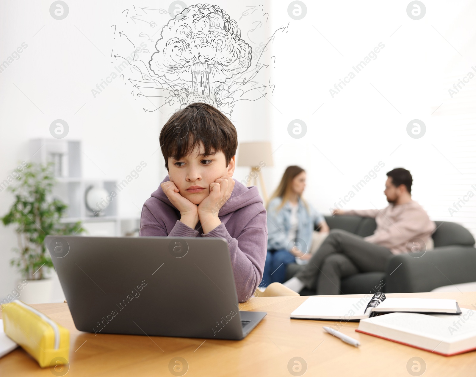 Upset little boy sitting at desk while his parents arguing. Explosion and doodles coming out of of child's head. Stress, anxiety, depression Image of Upset little boy sitting at desk while his parents arguing. Explosion and doodles coming out of of child's head. Stress, anxiety, depression