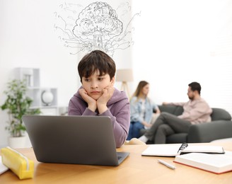 Image of Upset little boy sitting at desk while his parents arguing. Explosion and doodles coming out of of child's head. Stress, anxiety, depression