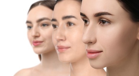 Image of Group of beautiful women on white background. Collection of different portraits