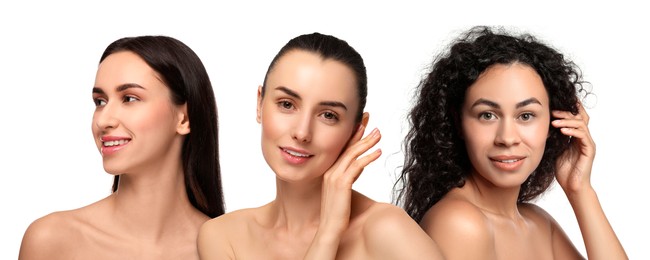 Image of Group of beautiful women on white background. Collection of different portraits