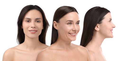 Image of Group of beautiful women on white background. Collection of different portraits