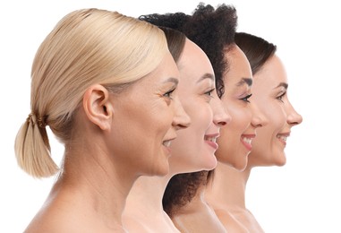 Image of Group of beautiful women on white background. Collection of different portraits