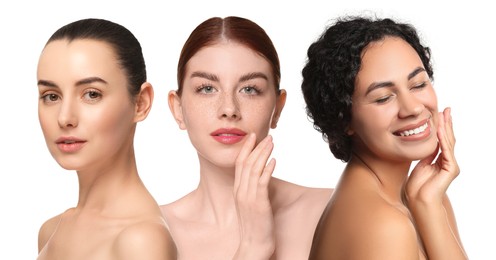 Image of Group of beautiful women on white background. Collection of different portraits