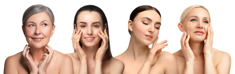 Image of Group of beautiful women on white background. Collection of different portraits