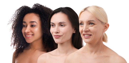 Image of Group of beautiful women on white background. Collection of different portraits
