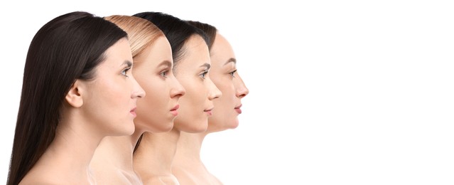Image of Group of beautiful women on white background. Collection of different portraits