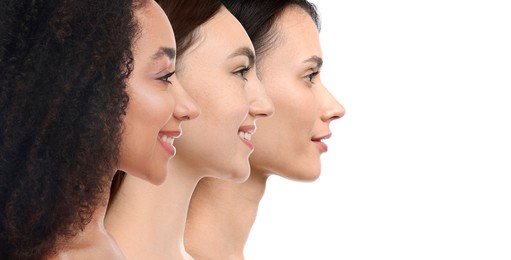 Image of Group of beautiful women on white background. Collection of different portraits
