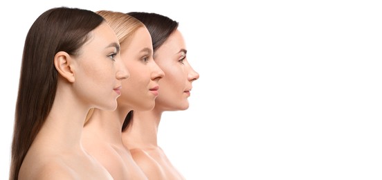 Image of Group of beautiful women on white background. Collection of different portraits