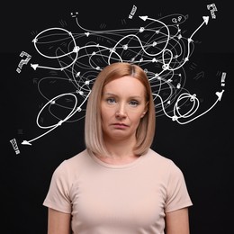 Image of Upset woman on black background. Confused thoughts as doodles behind her head. Stress, anxiety, depression