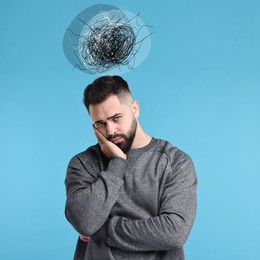 Image of Worried man on light blue background. Confused thoughts as doodles above his head. Stress, anxiety, depression