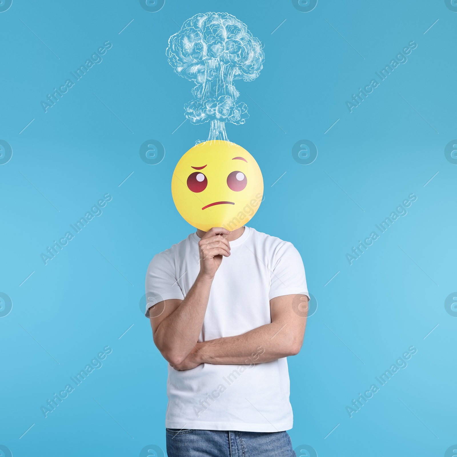 Man covering his face with thinking emoticon on light blue background. Confused thoughts as explosion above his head. Stress, anxiety, depression Illustration of Man covering his face with thinking emoticon on light blue background. Confused thoughts as explosion above his head. Stress, anxiety, depression