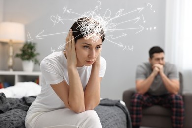 Image of Worried woman and man at home. Confused thoughts as doodles coming out of her head. Stress, anxiety, depression