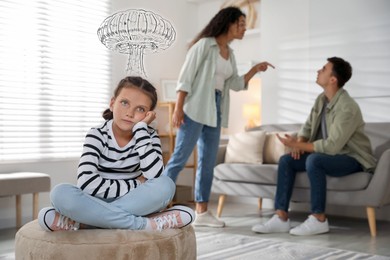 Image of Upset little girl sitting in room while her parents arguing. Explosion bursting out of child's head. Stress, anxiety, depression