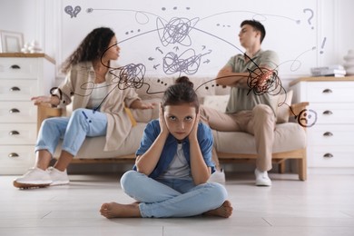 Image of Worried little girl covering her ears during parents' argument at home. Confused thoughts as doodles coming out of her head. Stress, anxiety, depression