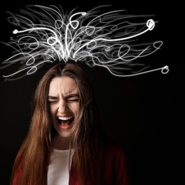 Image of Woman screaming on black background. Confused thoughts as doodles coming out of her head. Stress, anxiety, depression