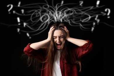 Image of Woman screaming on black background. Confused thoughts as doodles coming out of her head. Stress, anxiety, depression