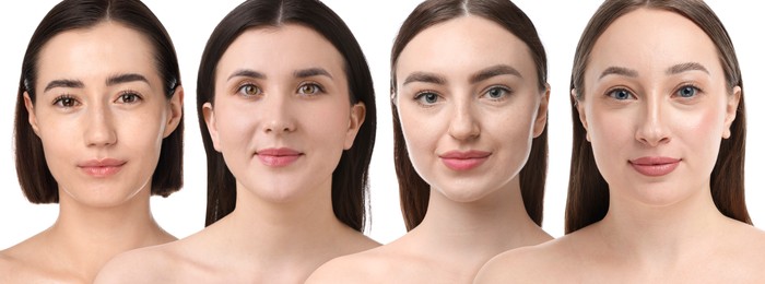 Image of Group of beautiful women on white background. Collection of different portraits