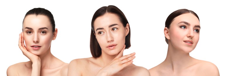 Image of Group of beautiful women on white background. Collection of different portraits