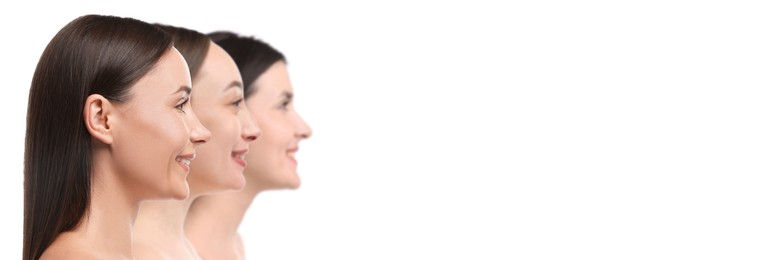 Image of Group of beautiful women on white background. Collection of different portraits