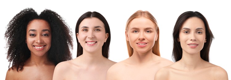 Image of Group of beautiful women on white background. Collection of different portraits