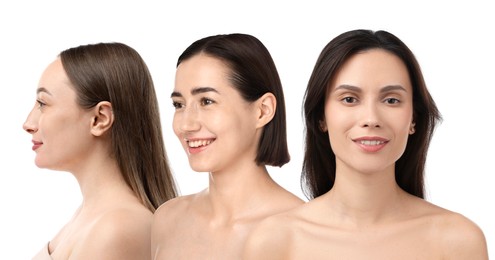 Image of Group of beautiful women on white background. Collection of different portraits